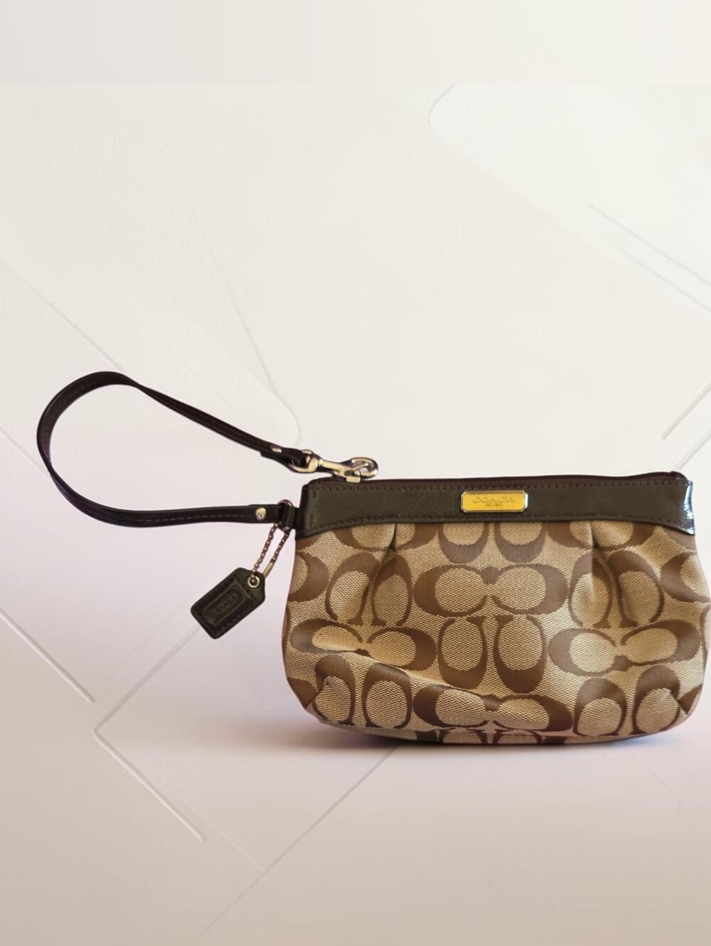 Coach Signature Canvas Wristlet in Tan and Brown